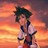 Pixelated figure with dark green hair and purple clothing against a gradient sunset background.