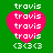 Green background with four pink heart shapes containing repeated 'travis' text and '<3<3<3' symbols, two hearts larger than the other two.
