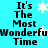 Pixelated text reads "It's The Most Wonderful Time" on a cyan background with white snowflakes, repeated in two