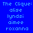 Blue background with cyan text displaying 'The Clique:' followed by names 'alise', 'lyndsi', 'aimee', 'roxanna' in a pattern, with cyan highlight boxes shifting