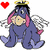 Two side-by-side animated frames of a cartoon donkey with angel wings and halo, each holding a heart symbol that changes color between frames.