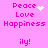Pixelated pink background with repeated text and animated white symbols, showing 'Peace' with heart or starburst effects.
