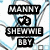A static image with black text on a white background featuring blue and gray abstract lines, displaying multiple phrases including "MANNY vs SHEWIE BY" and "IM SHERRY LICIOUS."