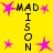 Yellow background with pink star shapes and vertical text reading MADISON in black pixelated letters.