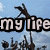Animated sequence showing a figure in mid-air against a blue sky with clouds, transitioning from a full view with text to a simplified pose.