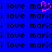 Blue background with repeated black text 'i love' and 'marici', one instance of 'marici' has a pink heart symbol replacing the letter 'o'.