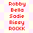 Red pixelated text listing names 'Robby', 'Bella', 'Sadie', 'Rissy', 'ROCKK' in two vertical on a light yellow and pink patterned background