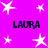 A static image with a bright magenta background featuring multiple white star shapes and four instances of the text 'LAURA' in dark blue pixelated font.