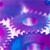 Pixelated abstract composition of purple, blue, and pink hues with scattered white and light blue shapes against a gradient background.