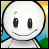 Pixelated static icon of a white circular character with black eyes, gray mouth, and blue shoulder accents against a gradient background.