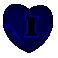 Blue heart-shaped icon with black letter I, showing animation frames of rotation and perspective change.