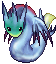 Pixelated dragon-like creature with blue-green body, red accents on head, yellow fin, and dark purple spikes curled into a loop.