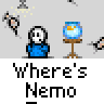 Animated contact sheet of a pixel art character searching for 'Nemo' with changing text bubbles and fishbowl states across 25 sampled frames.