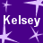 Purple background with light purple starbursts and repeated white text 'Kelsey' in three locations.
