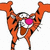 Pixelated orange tiger-like creature with black stripes, pink eye, and white chest holding a heart-shaped object.