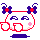 A 4-frame pixel art contact sheet of a cartoon character with red outline, white face, purple eyes, pink cheeks, and blue bow-like hair accessories on gray background.