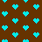 Brown background with scattered cyan pixelated hearts, some forming partial shapes.
