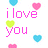 Pixelated graphic with pink text 'iloveyou' and four heart-shaped balloons in cyan, pink, yellow-green, and light blue on white background.