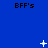 Blue background with repeated 'BFF's' text and white pixelated star-like shapes in various positions.