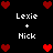 Pixel art displays 'Lexie + Nick' text with red heart symbols in a on black background, showing animation changes between frames