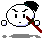 Pixelated character with white face, black hair, and red mouth prop in two states: one with closed eyes and neutral expression, the other with blue vertical lines over eye area.