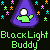 Pixel art buddy icon featuring a purple teardrop-shaped character with green arms and white eyes, surrounded by colorful star shapes on black background, with "BlackLight Buddy" text below in bright green pixel font.