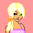 Pixel art icon of a blonde woman with green eyes wearing a purple dress and orange bow, set against pink background.