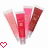 Animated sequence of three lip gloss tubes arranged in a V-shape with a red heart icon below, showing color variation between frames.