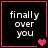 Four black square with pink borders display the text "finally over you" in white pixelated font, each containing a different heart symbol arrangement