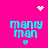Pixelated cyan text 'manly man' on bright pink background with small heart and starburst icons.