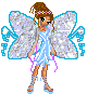 Pixelated fairy avatar with brown braided hair, pink flower headband, light blue dress, and silver wings with blue outlines.