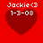 Red background with four identical pixelated red hearts, each containing white text reading "Jackie<3" above "1-3-08".