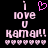 Pixelated text and symbols on black background: 'I' above pink heart, 'love', 'U', 'Kamui!!', and of small hearts