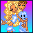 Pixelated animation of a blonde character in blue clothing holding a weapon, transitioning through poses with text overlays on gradient backgrounds.