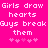 Pixelated text on bright pink background reads 'Girls draw hearts Guys break them' with five heart symbols below, displayed in two identical side-by-side