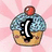 Four pixelated cupcake icons with blue frosting, red cherry on top, and brown base arranged in a against pink chevron background