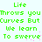 Green pixelated text repeats 'Life Throws you Curves But We learn To swerve' across two on a light background with scattered pink dots