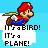 Pixelated character in red cap and blue overalls holds a brown object, with text reading "IT'S A BIRD! IT'S A PLANE!" on light background.