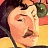 Pixelated close-up of a person's face with closed eyes, dark hair, and a yellow garment against a multicolored background.
