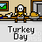 Pixel art animation of a character in yellow and white clothing seated at a table with turkey, moving through different poses across frames.