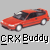 Red pixelated car icon with white wheels and dark windows, positioned above pixelated text reading CRX Buddy on gray background.