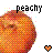 Pixelated peach icon with 'peachy' text above, scattered pastel squares, and a small heart symbol in the bottom right.