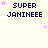 Pixelated text "SUPER JANINEEE" in dark blue with pink stars on a light background, arranged in three of four icons each