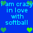 Blue background with repeated light blue text 'i am crazy in love with softball' and green pixelated hearts scattered throughout.