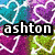 four distinct buddy icons featuring the name 'ashton' in bold white text with black outlines, each with unique backgrounds and subjects