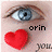 A pixelated close-up of a blue eye with brown eyelashes above a red heart, showing text changes between