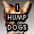 Pixelated image of a dog's head with large ears, overlaid text reading "I HUMP DOGS" in white block letters on black bars.