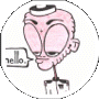 Pink-skinned cartoon character with large eyes and a small mouth, wearing white shirt and black tie, saying "hello" in speech bubble.