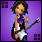 Pixel art of a person with dark hair holding a white electric guitar on a purple background with 'ROCK ON' text and star symbols.