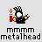 Pixel art character with black spiked hair, white face, yellow hands, and red candle prop; text 'mmmm metalhead' below.